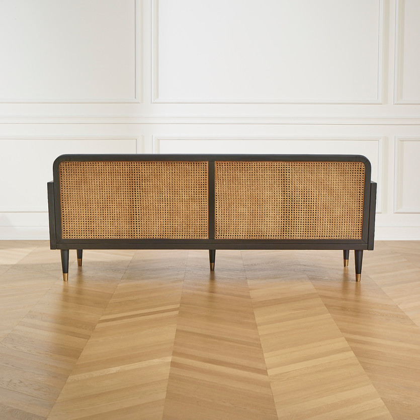 ARABELLA – Canapé style vintage en tissu velours, bois et rotin, 3 places, bois certifié FSC®