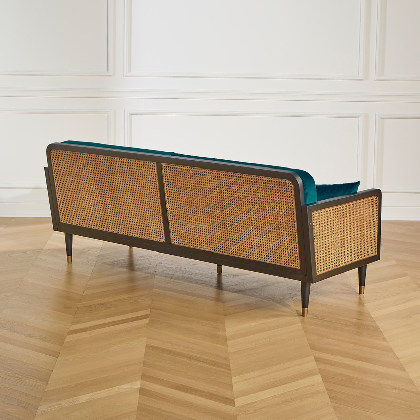 ARABELLA – Sofá de estilo vintage en tela de terciopelo de algodón, madera y ratán, 3 plazas, madera certificada FSC®