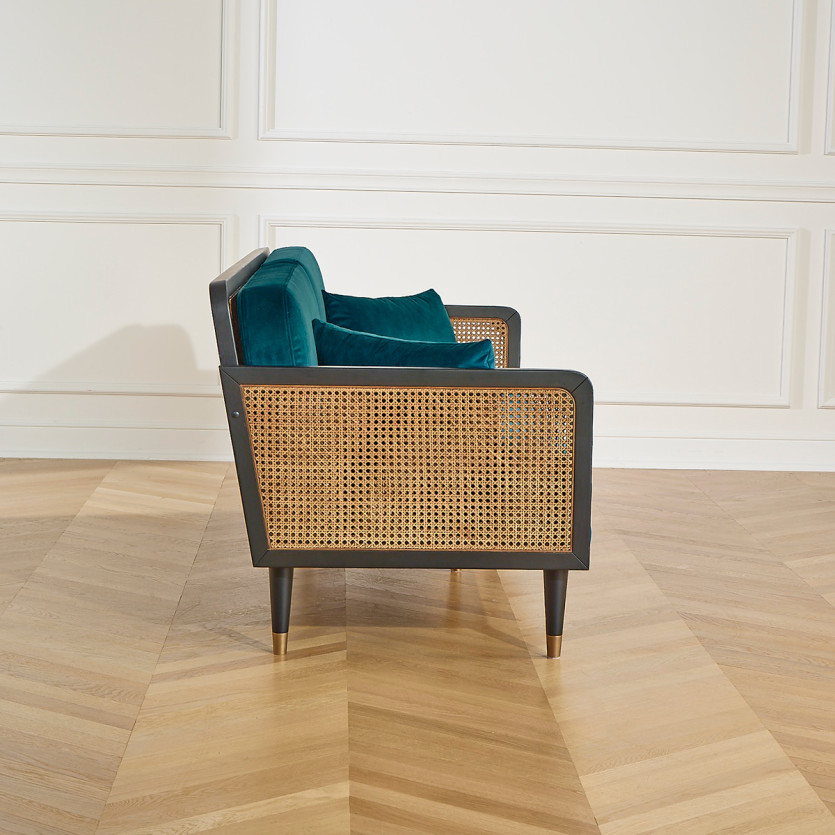 ARABELLA – Sofá de estilo vintage en tela de terciopelo de algodón, madera y ratán, 3 plazas, madera certificada FSC®
