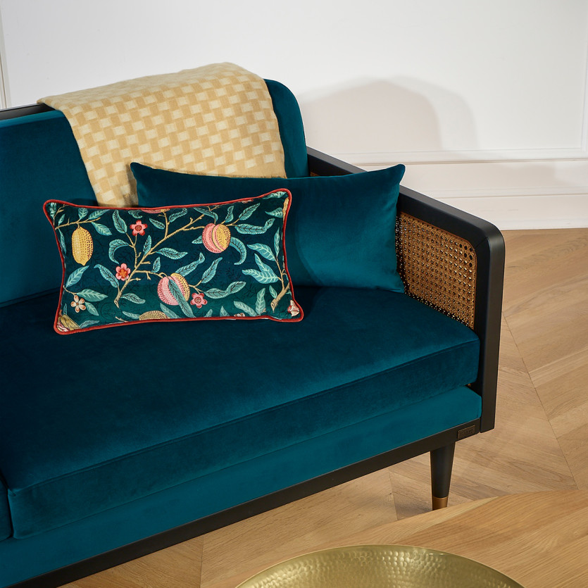 ARABELLA – Sofá de estilo vintage en tela de terciopelo de algodón, madera y ratán, 3 plazas, madera certificada FSC®