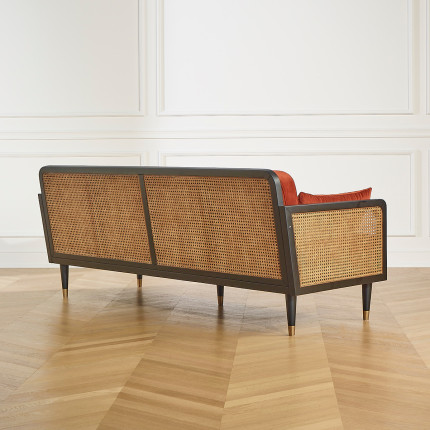 ARABELLA – Vintage style sofa in cotton velvet fabric, wood and rattan, 3 seats, FSC® certified wood