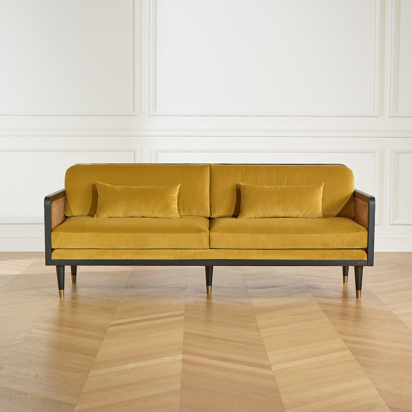ARABELLA – Canapé style vintage en tissu velours, bois et rotin, 3 places, bois certifié FSC®