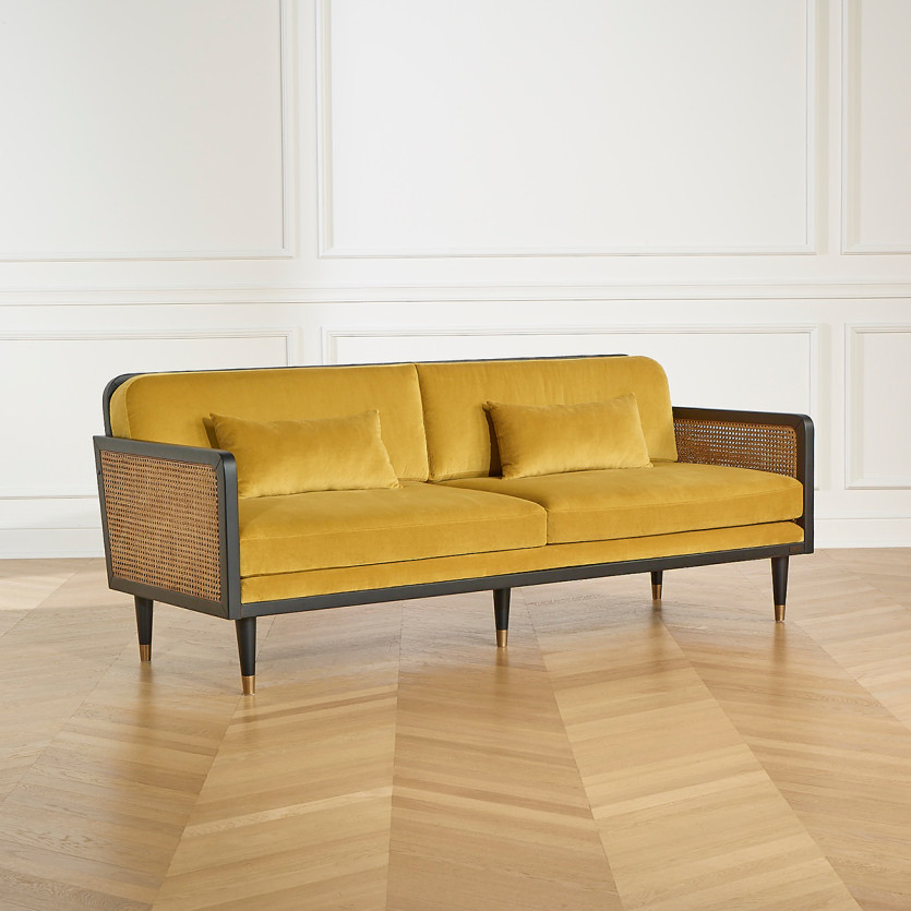 ARABELLA – Canapé style vintage en tissu velours, bois et rotin, 3 places, bois certifié FSC®