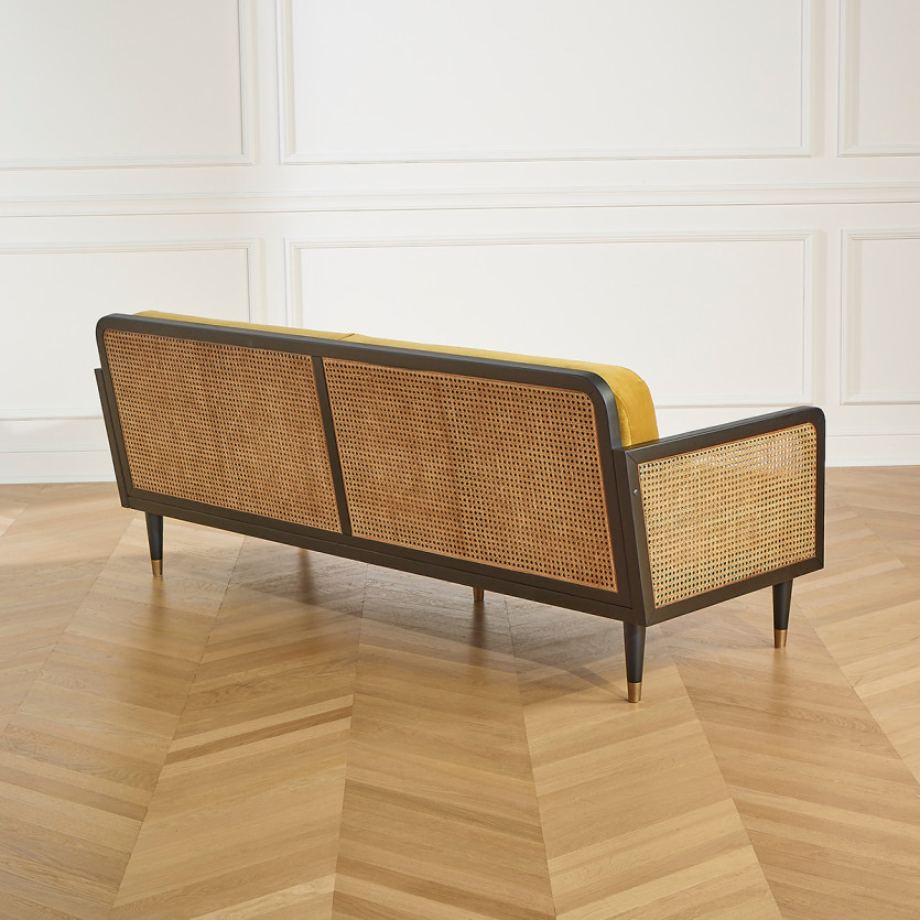 ARABELLA – Canapé style vintage en tissu velours, bois et rotin, 3 places, bois certifié FSC®
