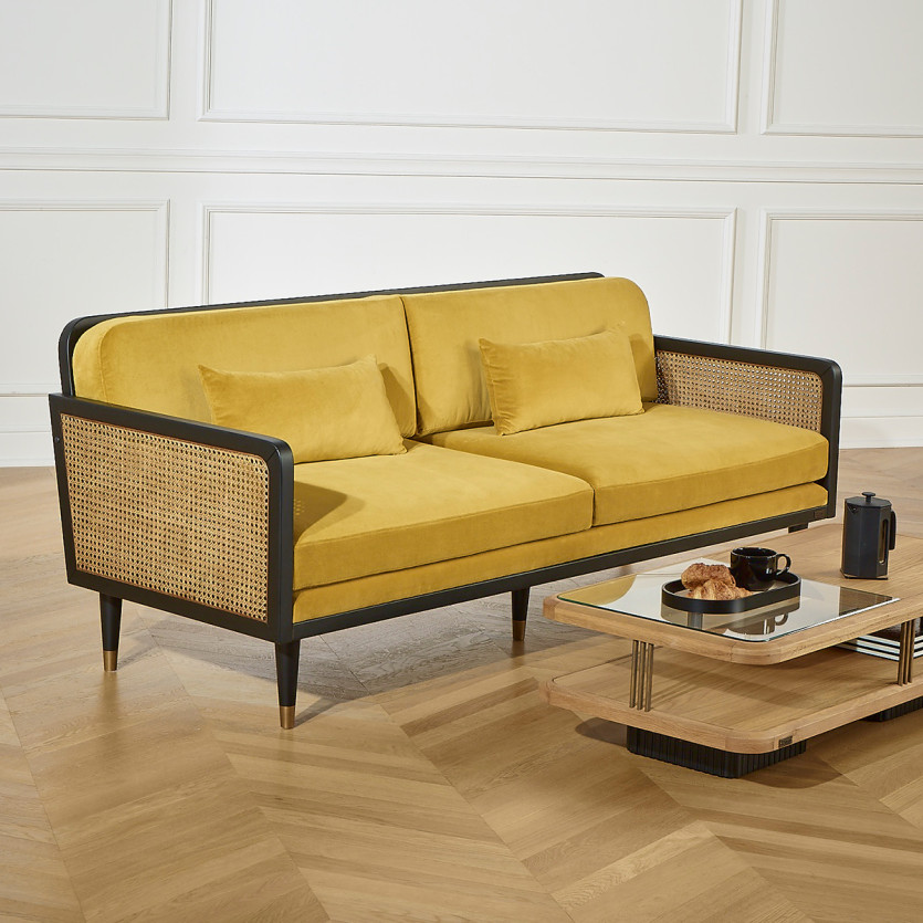 ARABELLA – Canapé style vintage en tissu velours, bois et rotin, 3 places, bois certifié FSC®