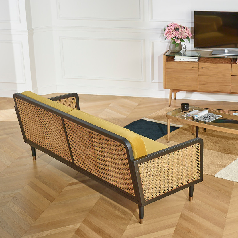 ARABELLA – Canapé style vintage en tissu velours, bois et rotin, 3 places, bois certifié FSC®
