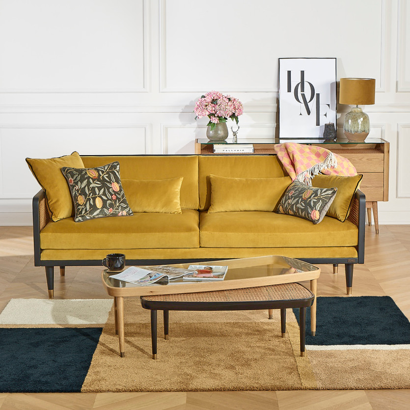 ARABELLA – Vintage-Stil Sofa aus Baumwollsamt, Holz und Rattan, 3-Sitzer, FSC®-zertifiziertes Holz