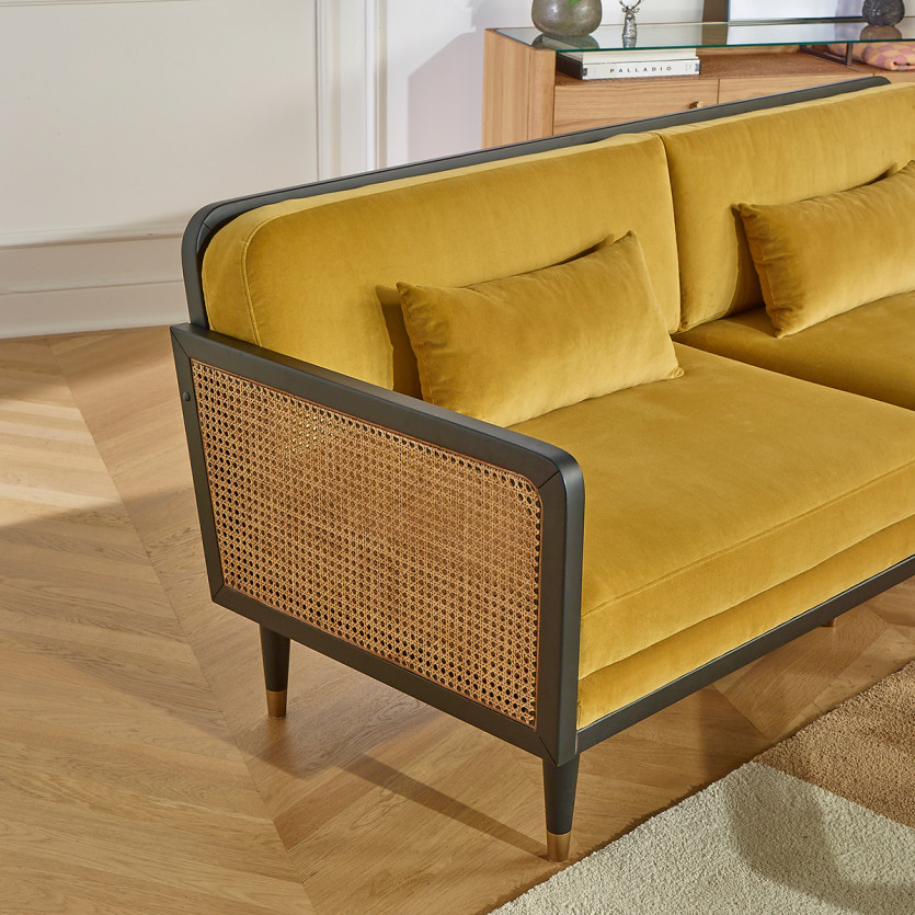 ARABELLA – Canapé style vintage en tissu velours, bois et rotin, 3 places, bois certifié FSC®