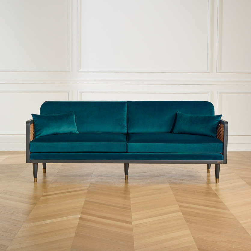 ARABELLA – Sofá de estilo vintage en tela de terciopelo de algodón, madera y ratán, 3 plazas, madera certificada FSC®