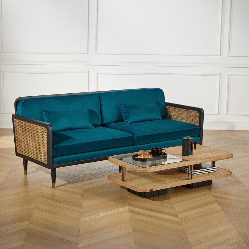 ARABELLA – Sofá de estilo vintage en tela de terciopelo de algodón, madera y ratán, 3 plazas, madera certificada FSC®