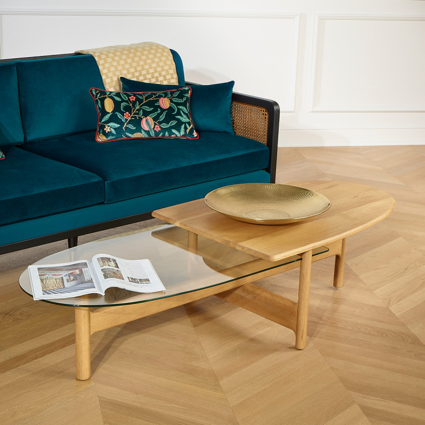 ARABELLA – Sofá de estilo vintage en tela de terciopelo de algodón, madera y ratán, 3 plazas, madera certificada FSC®