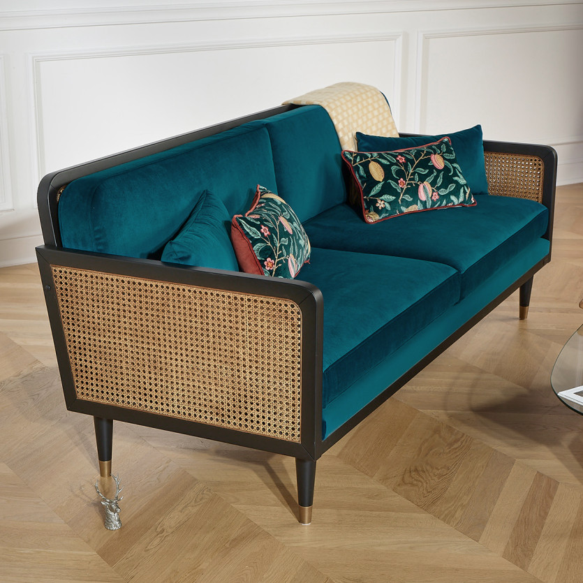 ARABELLA – Sofá de estilo vintage en tela de terciopelo de algodón, madera y ratán, 3 plazas, madera certificada FSC®