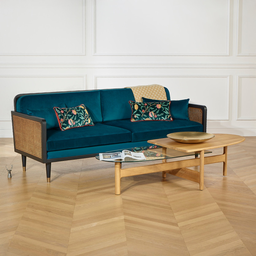 ARABELLA – Sofá de estilo vintage en tela de terciopelo de algodón, madera y ratán, 3 plazas, madera certificada FSC®