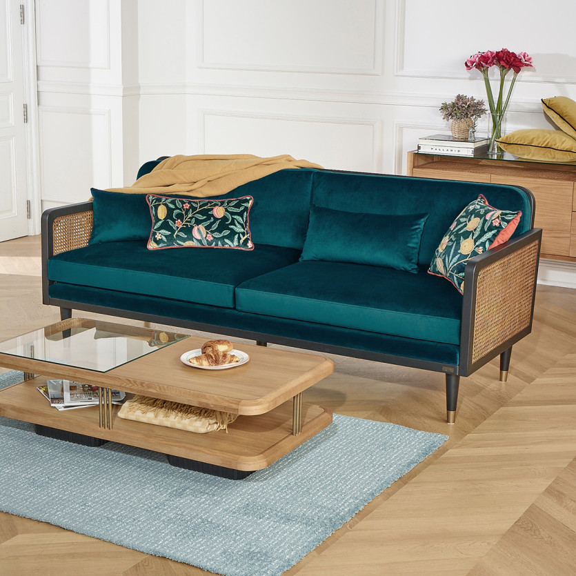 ARABELLA – Sofá de estilo vintage en tela de terciopelo de algodón, madera y ratán, 3 plazas, madera certificada FSC®