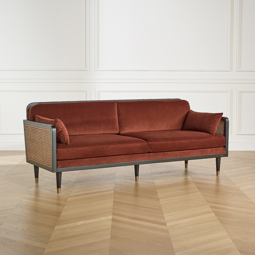 ARABELLA – Canapé style vintage en tissu velours, bois et rotin, 3 places, bois certifié FSC®