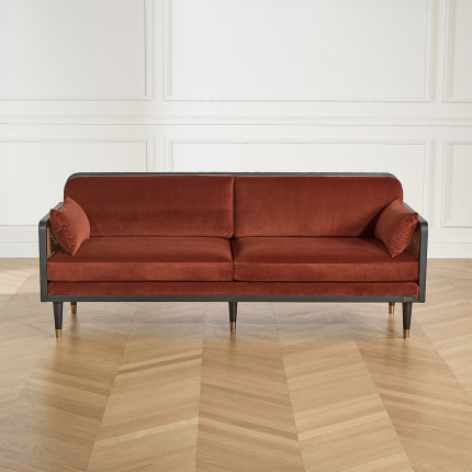 ARABELLA – Vintage style sofa in cotton velvet fabric, wood and rattan, 3 seats, FSC® certified wood