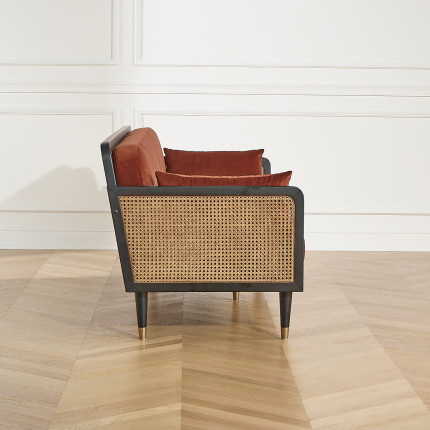 ARABELLA – Vintage style sofa in cotton velvet fabric, wood and rattan, 3 seats, FSC® certified wood