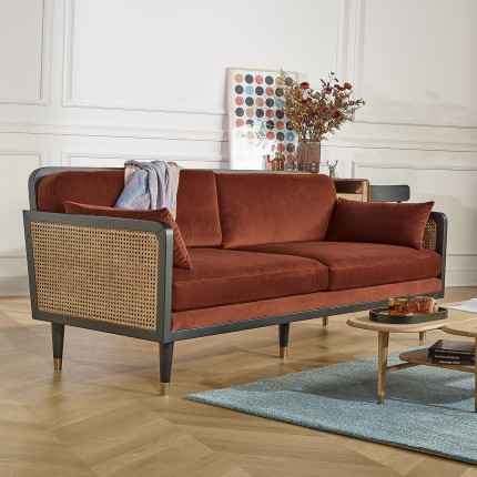 ARABELLA – Vintage style sofa in cotton velvet fabric, wood and rattan, 3 seats, FSC® certified wood