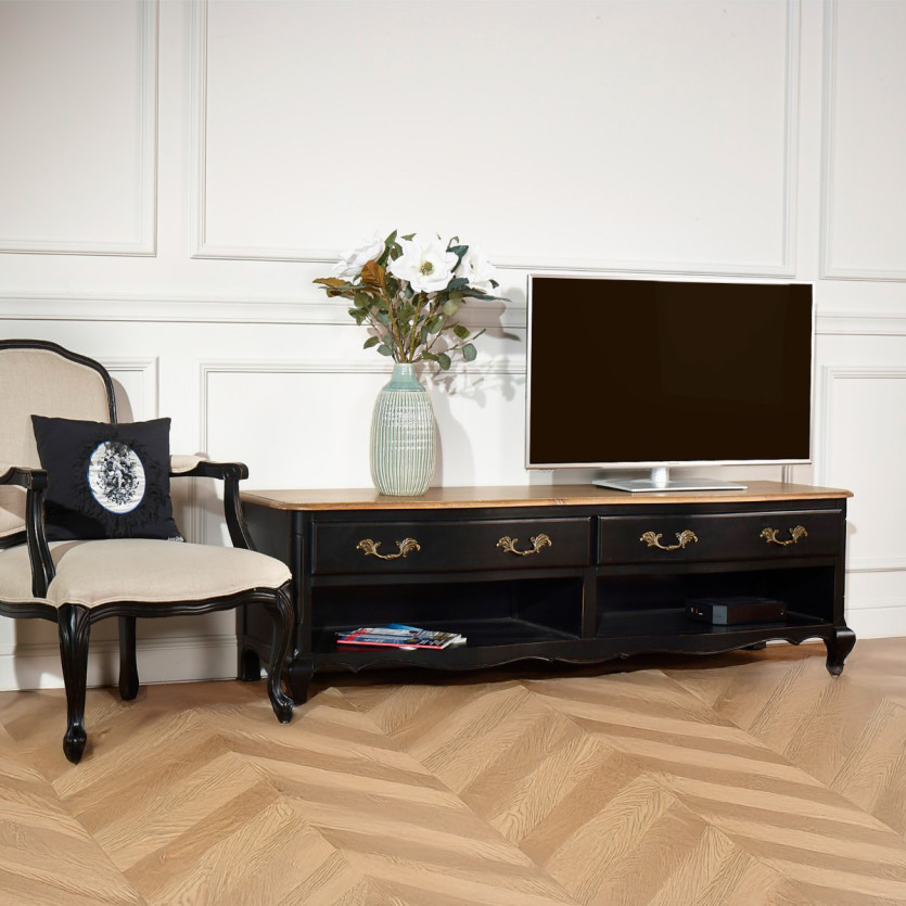 SAVOY - Shabby-Chic-TV-Möbel mit Eichenplatte, 2 Fächer, 2 Schubladen