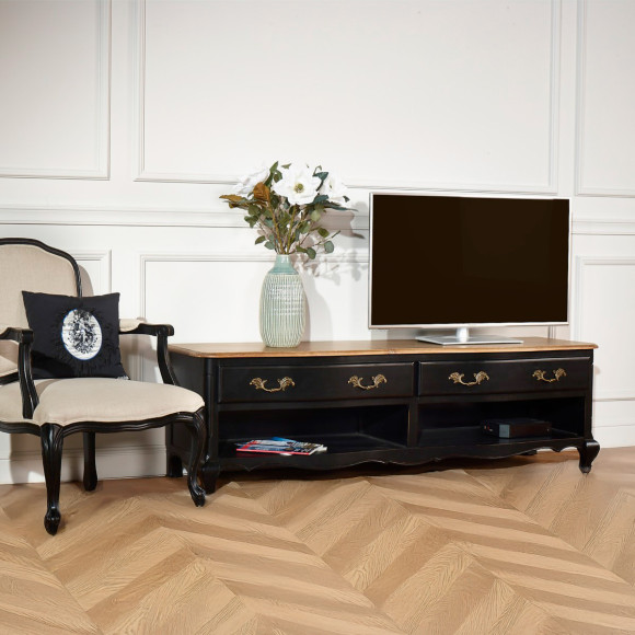 SAVOY - Mobile TV stile shabby chic piano in rovere, 2 nicchie, 2 cassetti