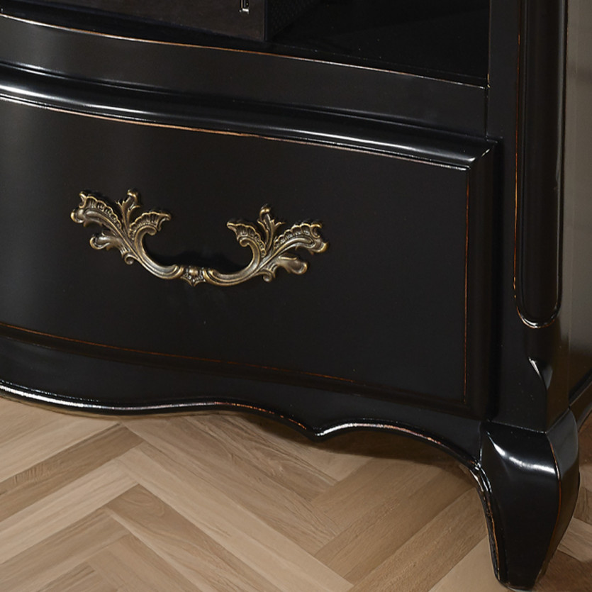 SERRENA - Mueble de TV negro estilo romántico, encimera de roble, 2 compartimentos, 1 cajón