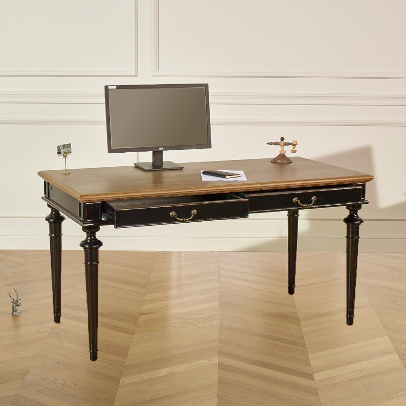 YVAN - Massivholz-Schreibtisch, 2 Schubladen, Eichenplatte, FSC®-zertifiziertes Holz