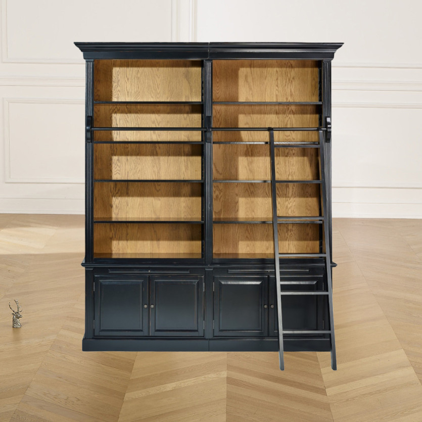 FRANCOIS - Romantic style living room library with sliding ladder, 4 doors, and 8 shelves