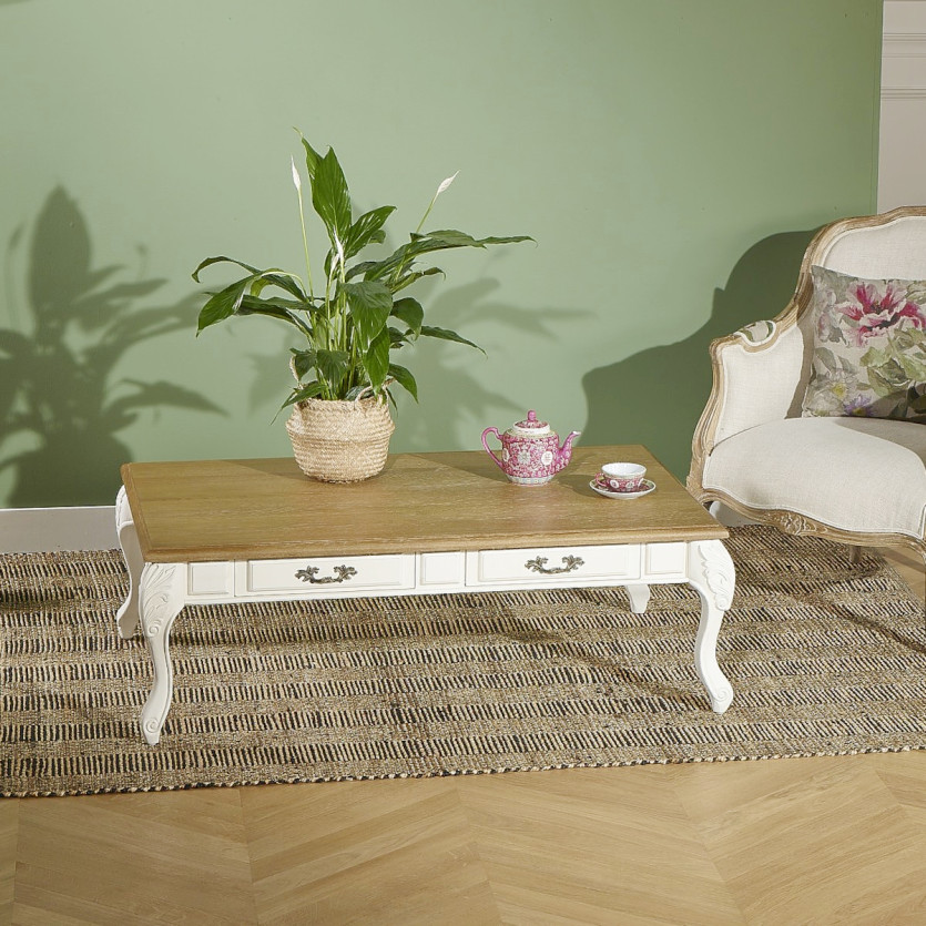 MARIANNE - Table basse style shabby chic, plateau en chêne, 4 tiroirs, bois certifié FSC®