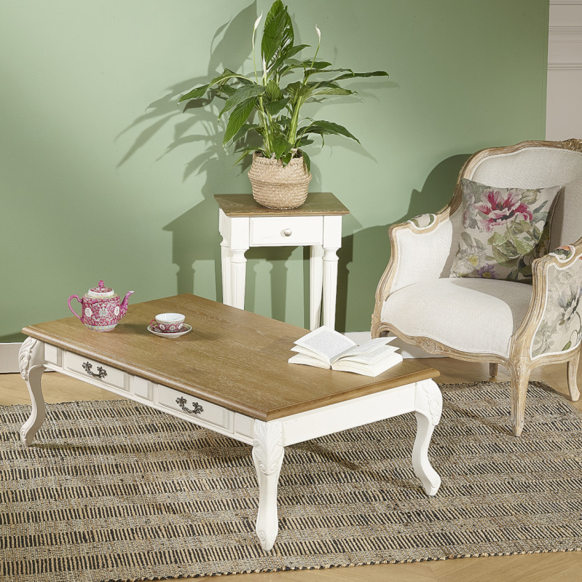MARIANNE - Table basse style shabby chic, plateau en chêne, 4 tiroirs, bois certifié FSC®