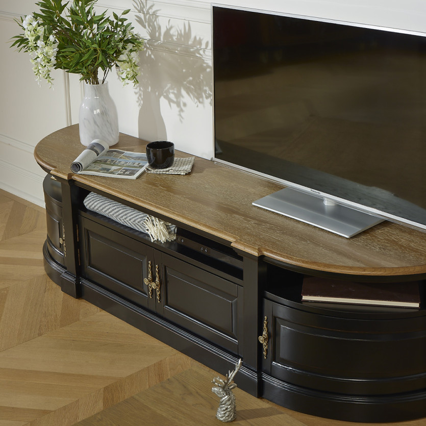 JOSEPHINE - Meuble TV shabby chic, plateau chêne, 4 portes, bois certifié FSC®