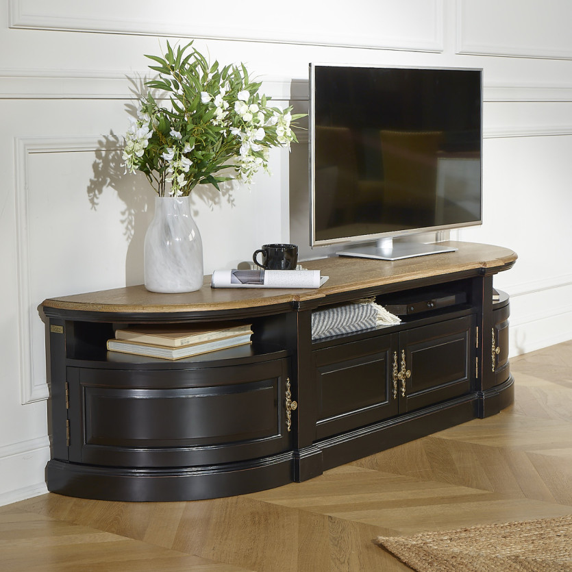 JOSEPHINE - Meuble TV shabby chic, plateau chêne, 4 portes, bois certifié FSC®