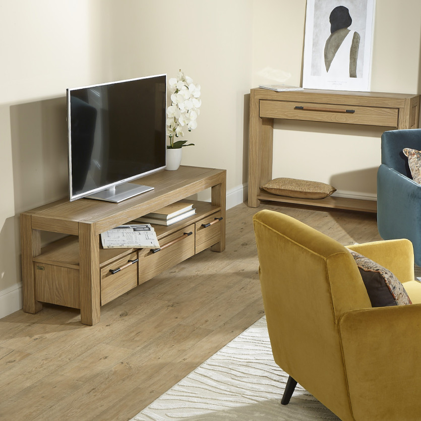 MEGÈVE– Mueble de TV de 150 cm de madera estilo contemporáneo, 3 cajones, 1 estante, madera certificada FSC®