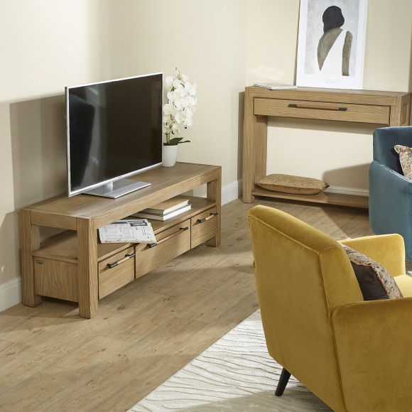MEGÈVE– 150 cm wooden TV stand in contemporary style, 3 drawers, 1 shelf, FSC® certified wood