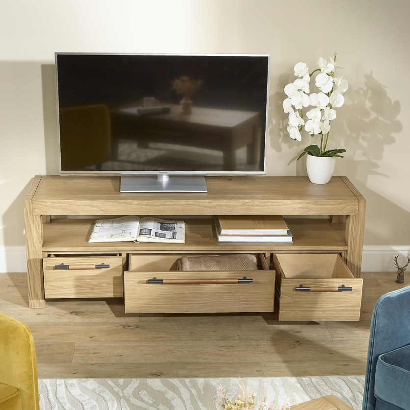 MEGÈVE– 150 cm wooden TV stand in contemporary style, 3 drawers, 1 shelf, FSC® certified wood