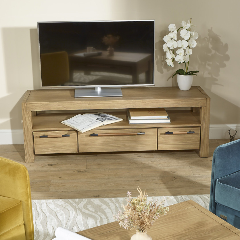 MEGÈVE– 150 cm wooden TV stand in contemporary style, 3 drawers, 1 shelf, FSC® certified wood