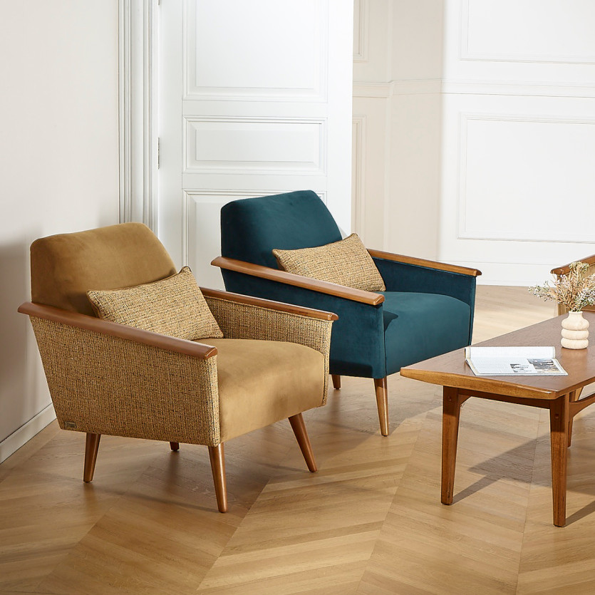 SANDER Armchair - Nordic style, tweed fabric and FSC® certified wood, 1 seat