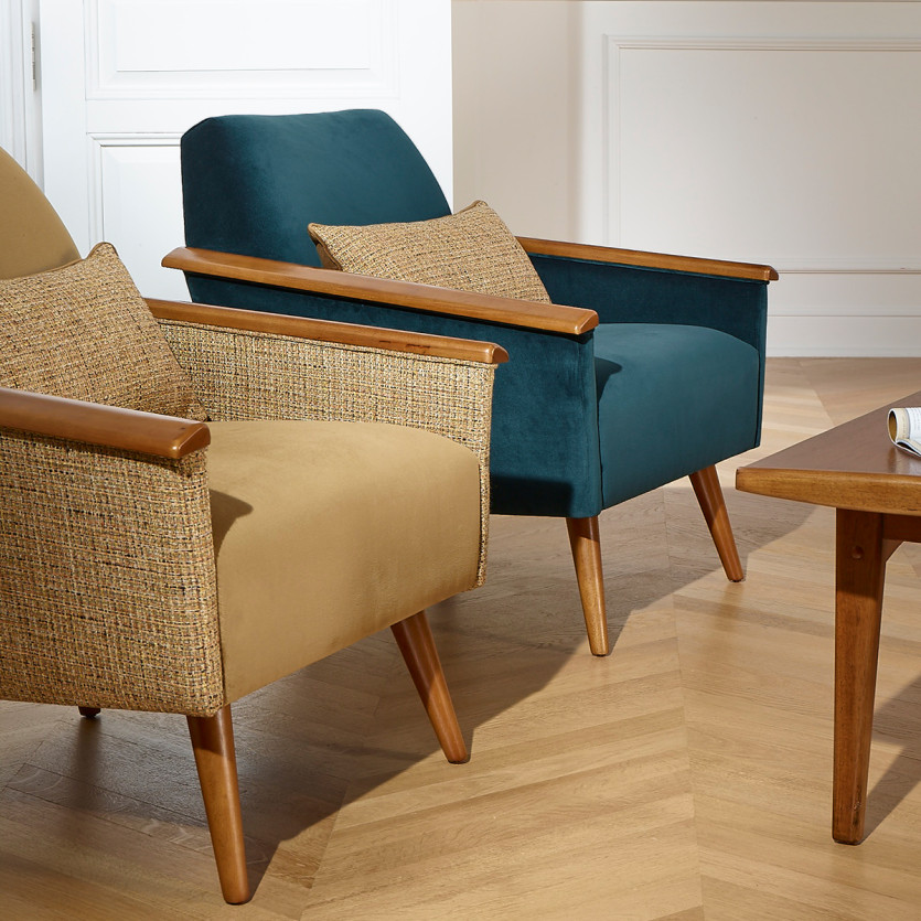 SANDER Armchair - Nordic style, tweed fabric and FSC® certified wood, 1 seat