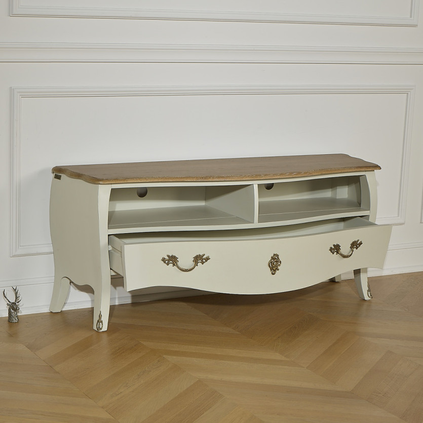 ALIENOR – Mobile TV 145 cm in legno massiccio stile senza tempo, 1 cassetto, 2 vani, legno certificato FSC®