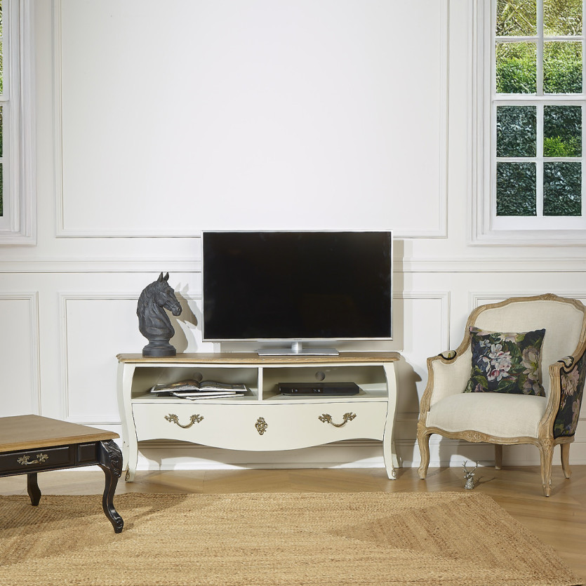 ALIENOR – Mobile TV 145 cm in legno massiccio stile senza tempo, 1 cassetto, 2 vani, legno certificato FSC®