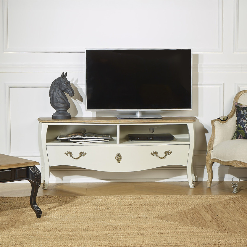 ALIENOR – Mobile TV 145 cm in legno massiccio stile senza tempo, 1 cassetto, 2 vani, legno certificato FSC®