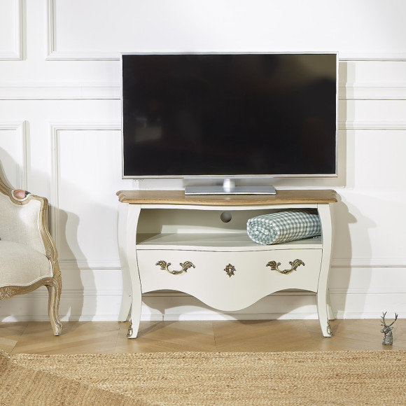 AQUITAINE – Meuble TV 100 cm en bois massif style shabby chic, 1 tiroir, 1 niche, bois certifié FSC®