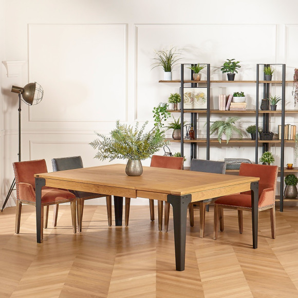 ATHENA vierkante eettafel - Industriële stijl, zwarte metalen poten, 8/10 personen, FSC® gecertificeerd hout