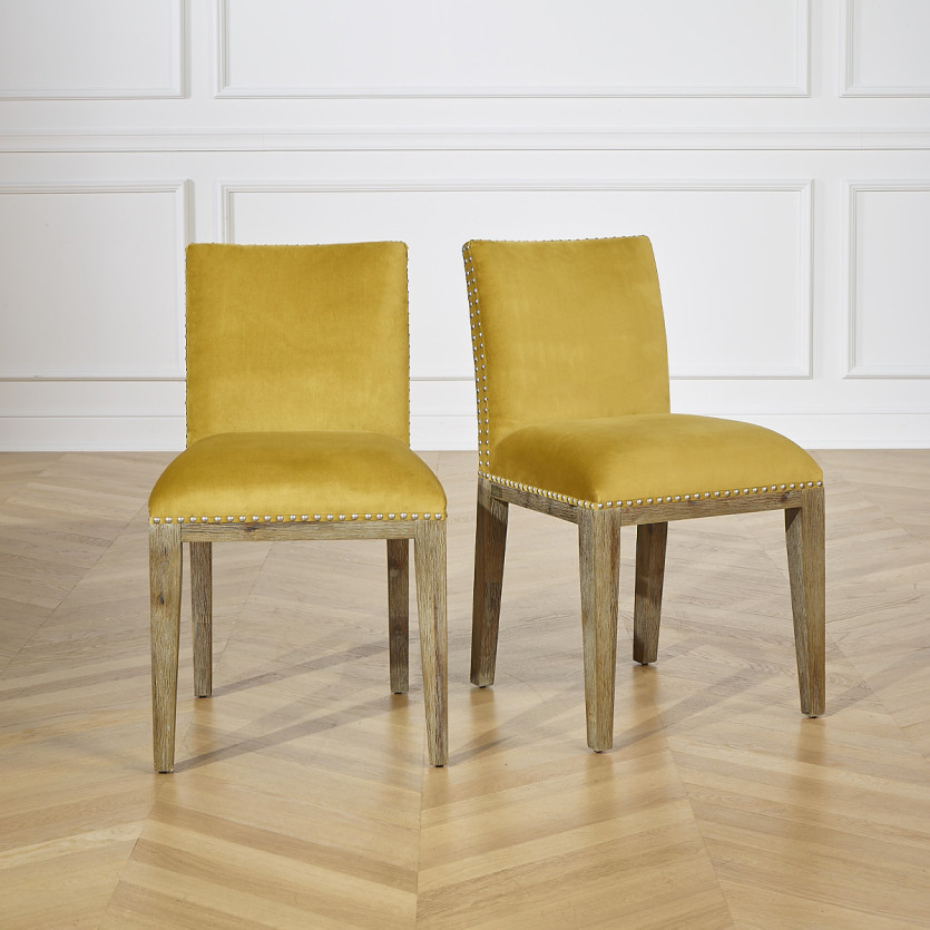 KENZA - Lot de 2 chaises de table en velours de coton et bois massif