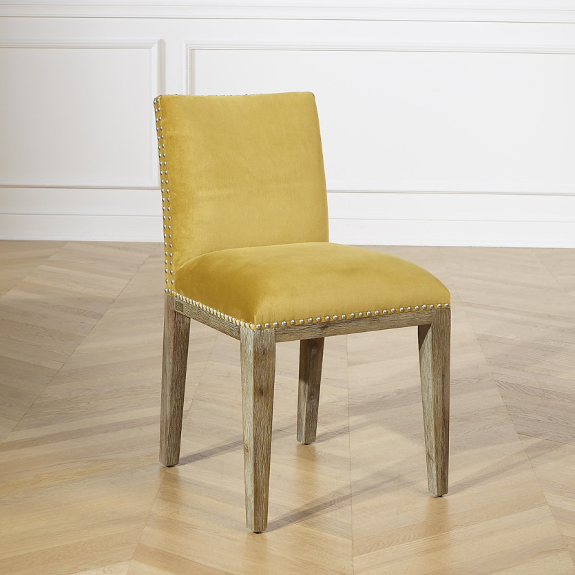KENZA - Lot de 2 chaises de table en velours de coton et bois massif