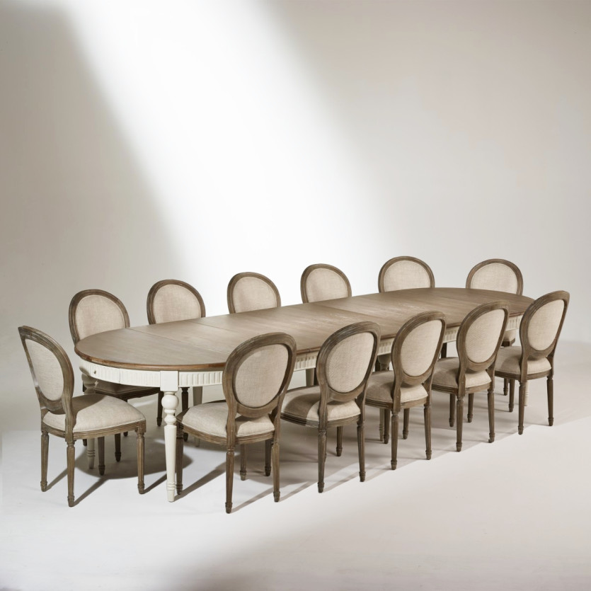 Table à manger extensible AUDE - Style romantique en chêne, 6/14 couverts, bois certifié FSC®
