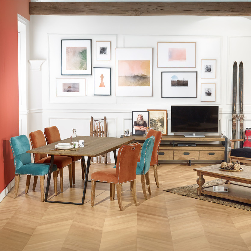 HECTOR dining table - Industrial style in solid oak and metal, seats 8