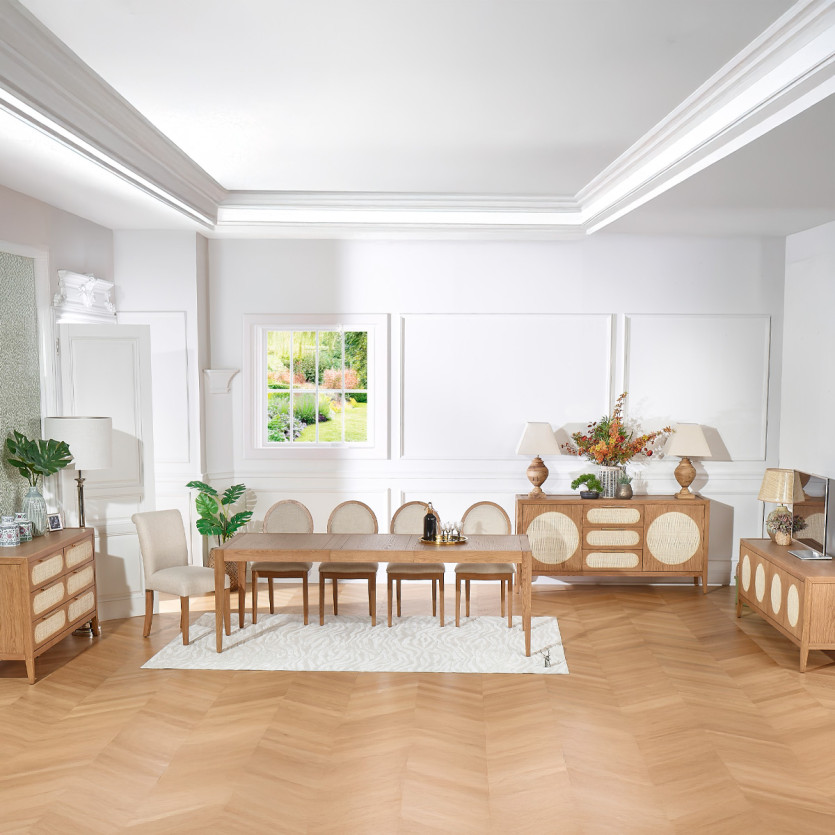 MONTANA - Conjunto de 2 sillas medallón modernas de roble macizo y lino premium