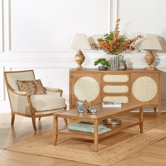 MONTANA - Sillón contemporáneo en roble macizo y lino premium