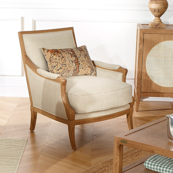 MONTANA - Sillón contemporáneo en roble macizo y lino premium