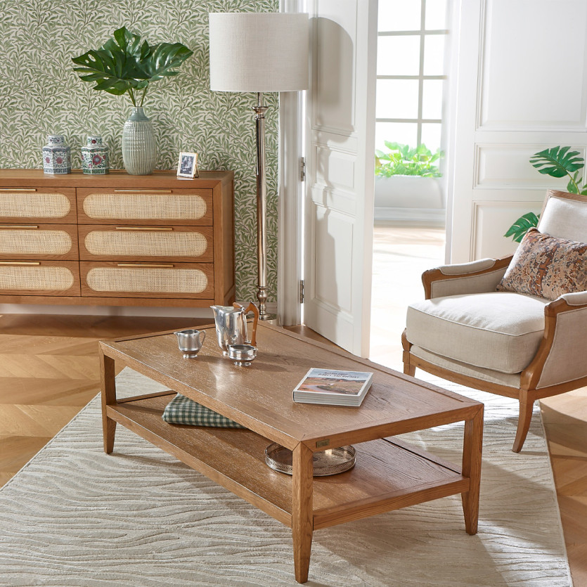 MONTANA - Mesa de centro estilo contemporâneo em carvalho, prateleira dupla